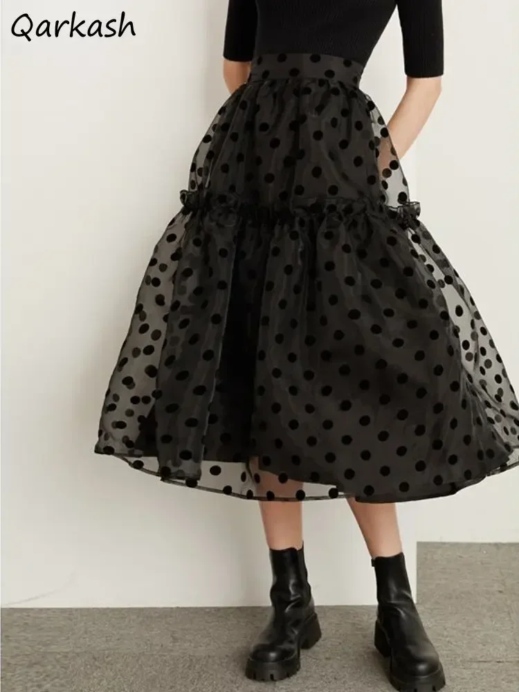 

Black Mesh Dot Skirts Women Tender High Waist Sweet Lovely Party Females Gown Mid Skirt All-match French Style Vintage Faldas