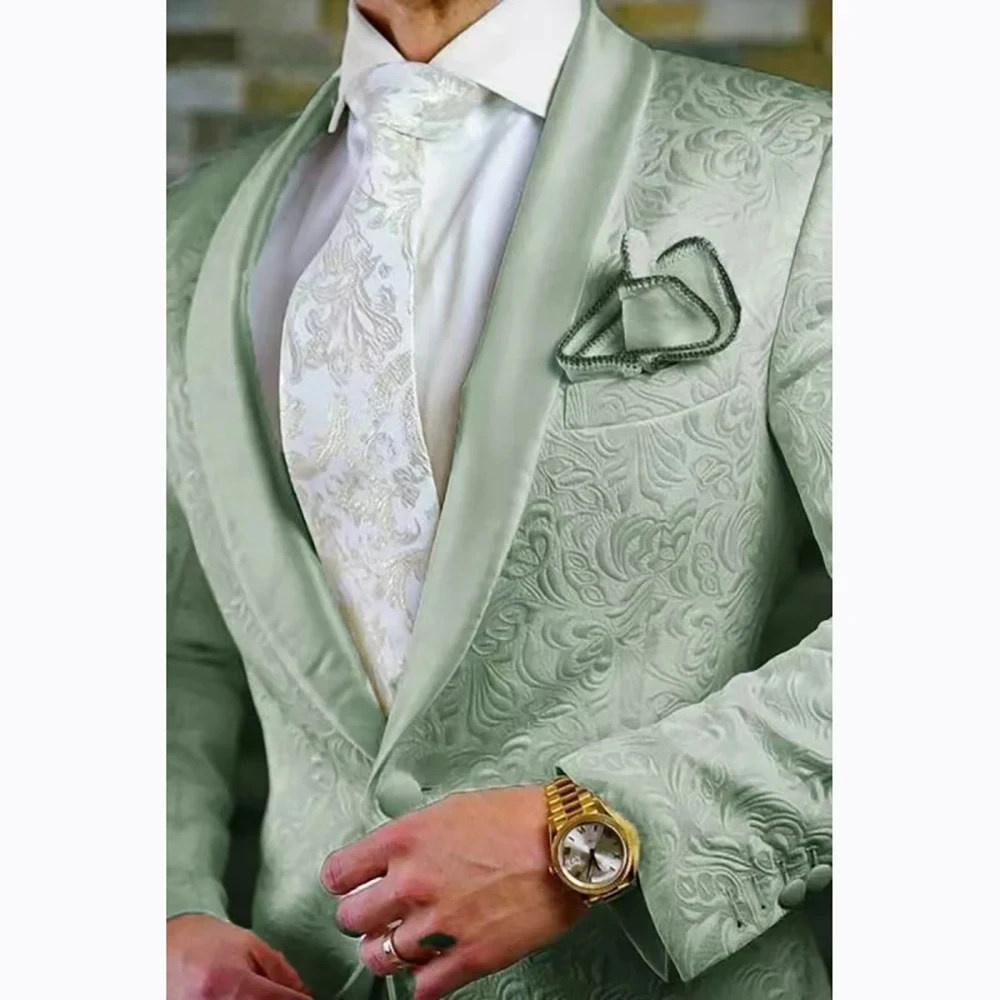 

Fashion Jacquard Men's Suits Satin Shawl Lapel One Button Male Outfits 2 Piece Jacket Pants Wedding Groom Custom Male Clothing