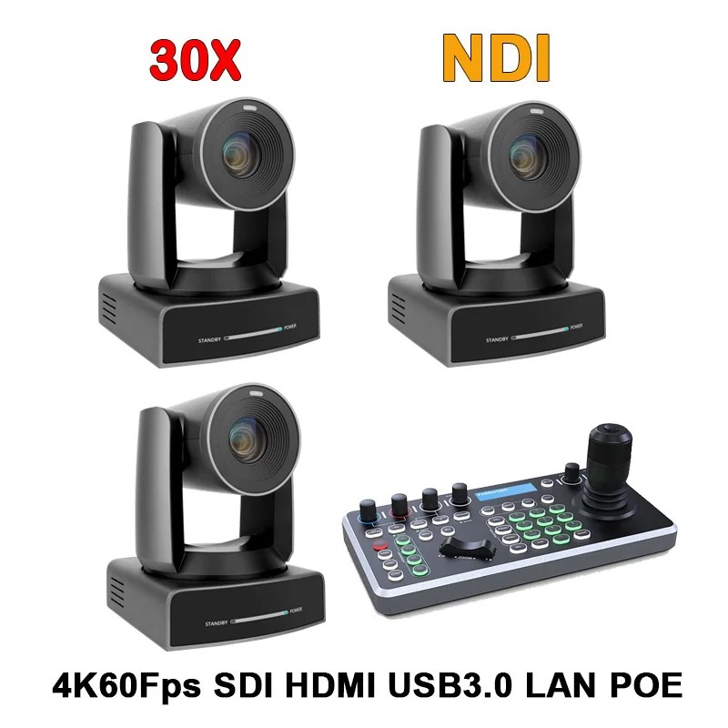 1-3PCS 30X Zoom 4K60fps Video Conference PTZ NDI Camera+1pcs NDI PTZ Controller for Church Worship Live Streaming Meeting Online