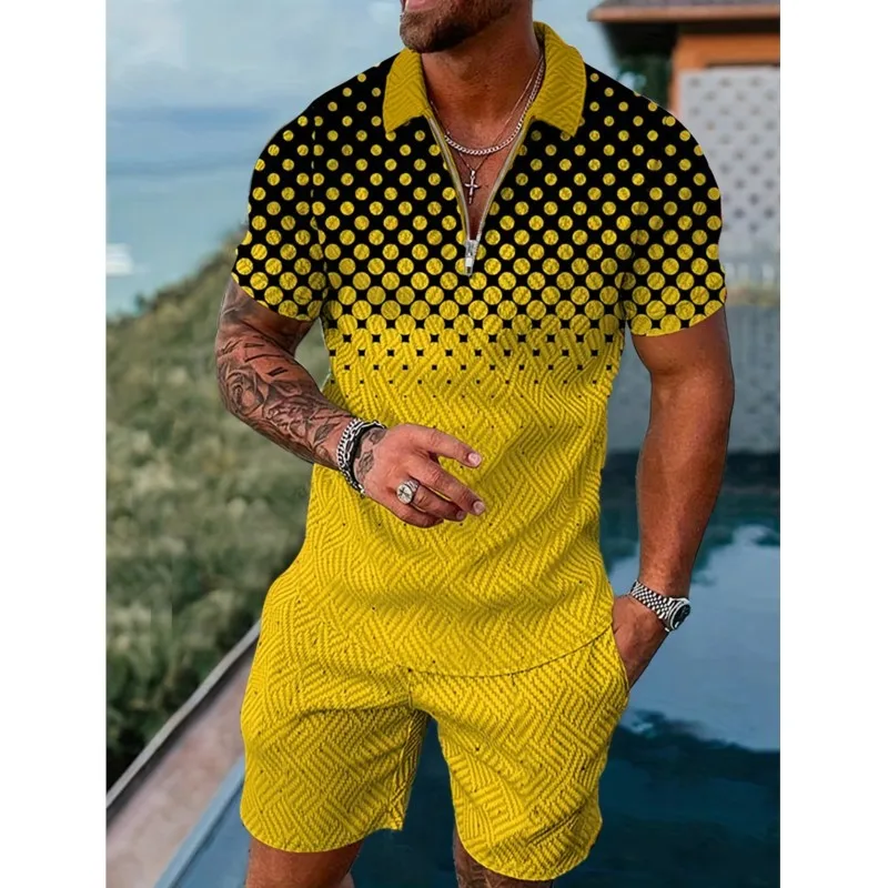 Men's Color Gradation 3D Print Casual 2 PCS Outfits Male's Mature Style Short-sleeve Lapel Collar Polo Shirt Set For Summer