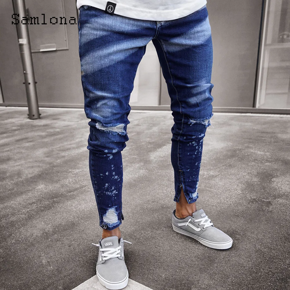 

Samlona 2023 Men Casual Pencil Demin Pants Europe Fashion Zipper Cuff Pocket Jeans Trousers Mens Hole Ripped Demin Sweatpants