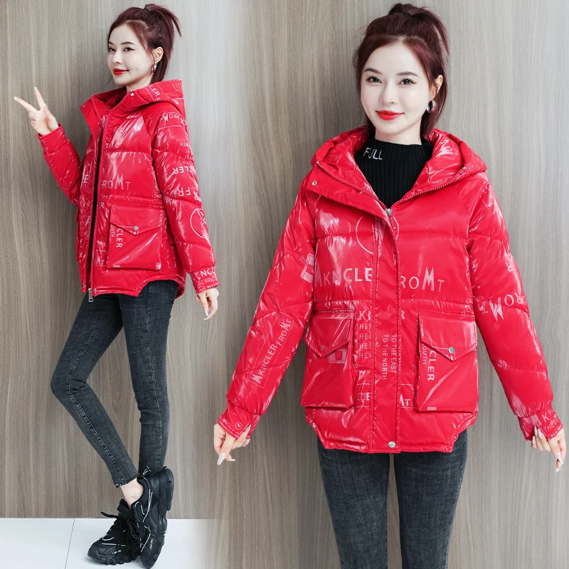 Wash-Free Parkas Hooded Top New Winter Women Down Cotton Coat Short Long Sleeve Bright Padded Jacket Female Letters Warm Outwear