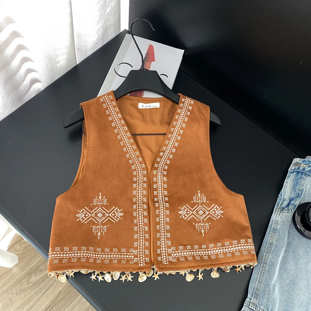 

Women tassel V-neck Embroidered top sleeveless Cardigan Vintage Elegant Korean Fashion Summer women clothing