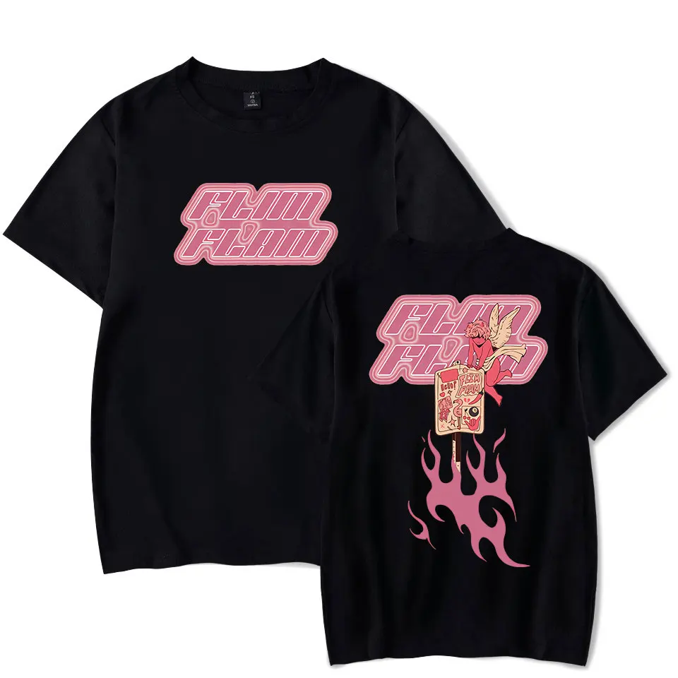 

Camiseta unissexo Flim Flam rosa com logotipo estampado, estilo casual, camiseta de manga curta, streetwear, chama Merch