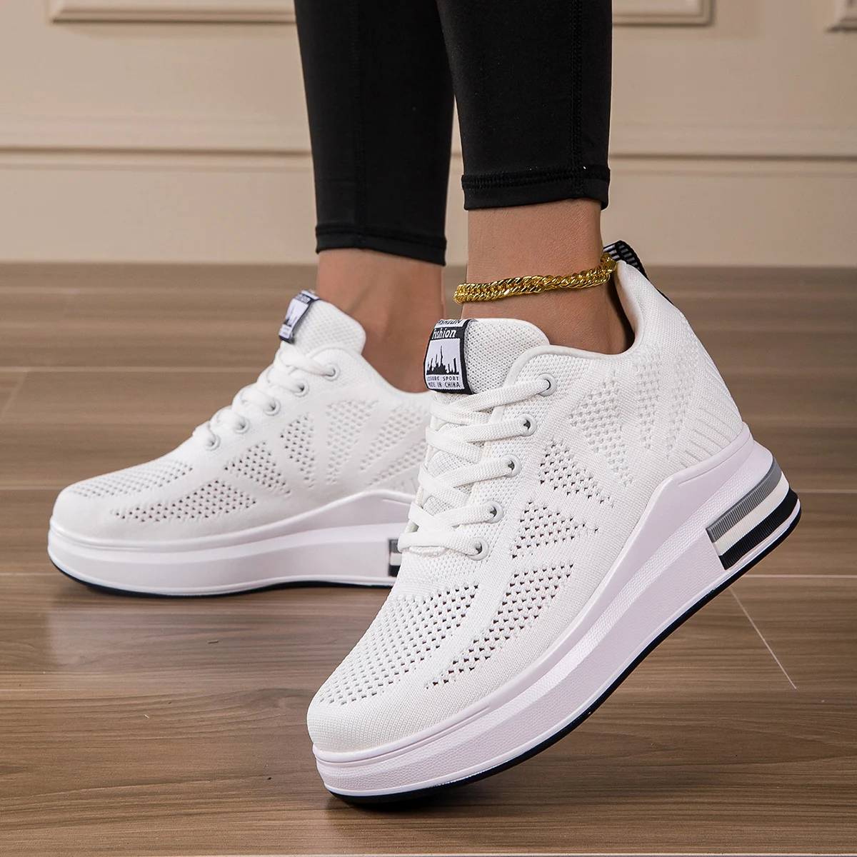 Women Height Increasing Shoes Fashion Comfortable Outdoor White Breathable Mesh Sneakers 2024 New Female High Platform Shoes