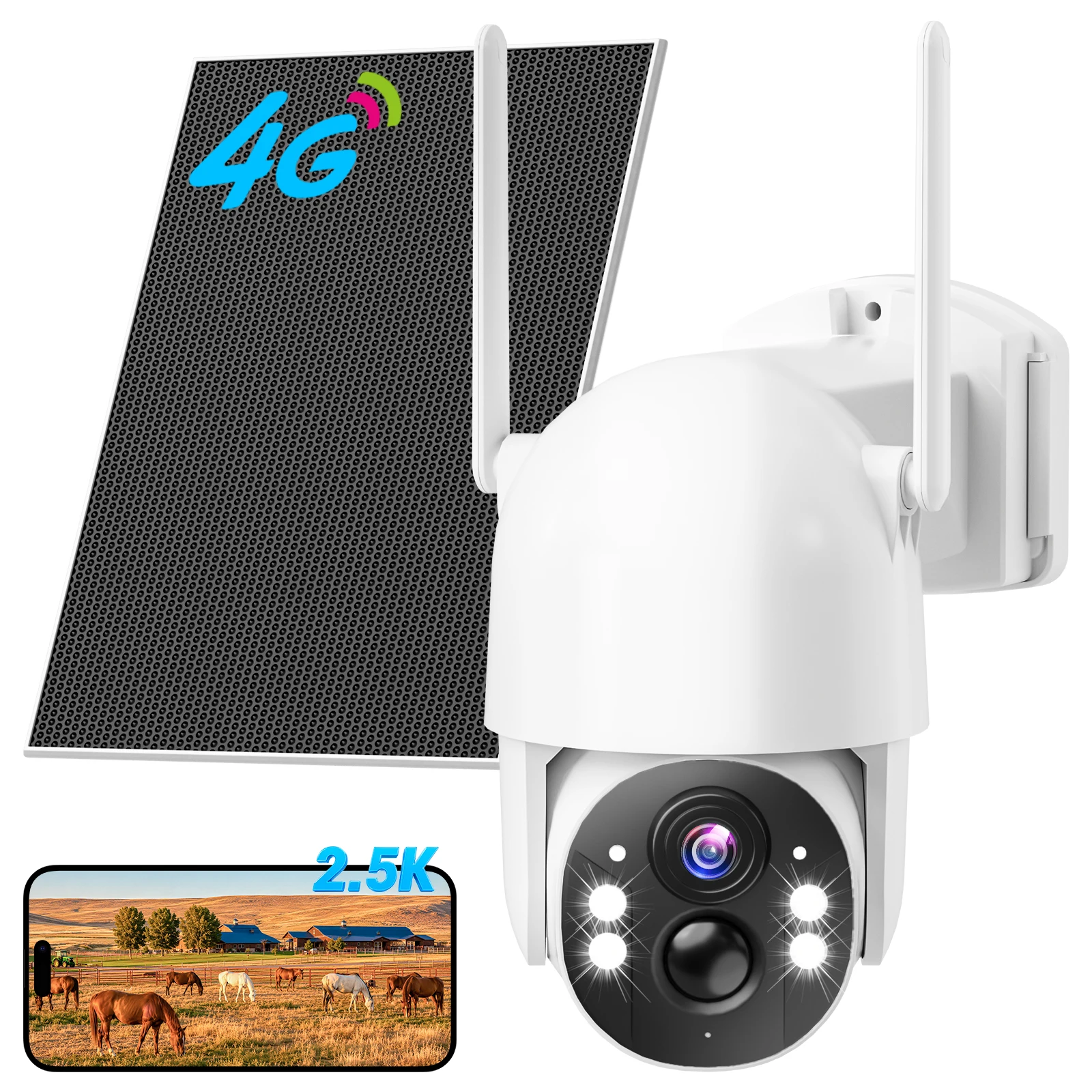 Techage 4G LTE Cellular Security Cameras Outdoor 2.5K No WiFi IP66 Solar Powered Cameras with Built-In SIM Color Night Vision 360° PTZ PIR AI Detection Two-Way Talk