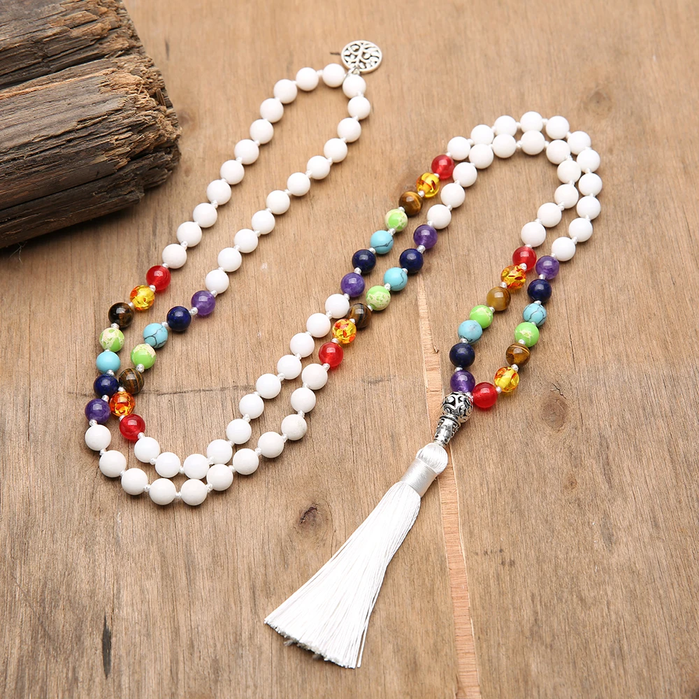 OAIITE 7 Chakra Porcelain White Stone Necklace Pendant Tibetan Buddha Prayer Healing Meditation 108 Mala Beads Rosary Necklace