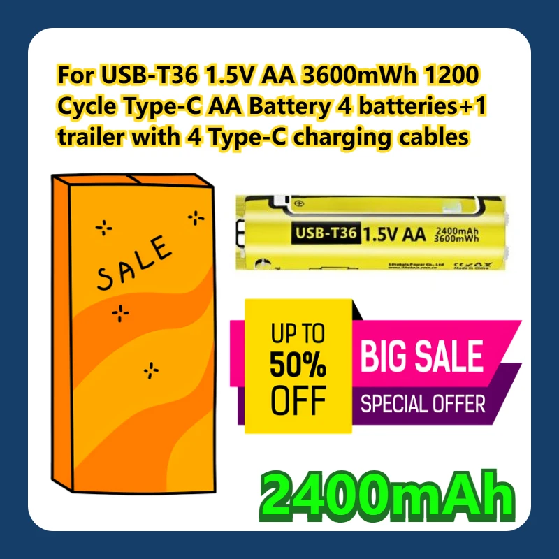 

For USB-T36 1.5V AA 3600mWh 1200 Cycle Type-C AA 2400mAh Battery 4 batteries+1 trailer with 4 Type-C charging cables