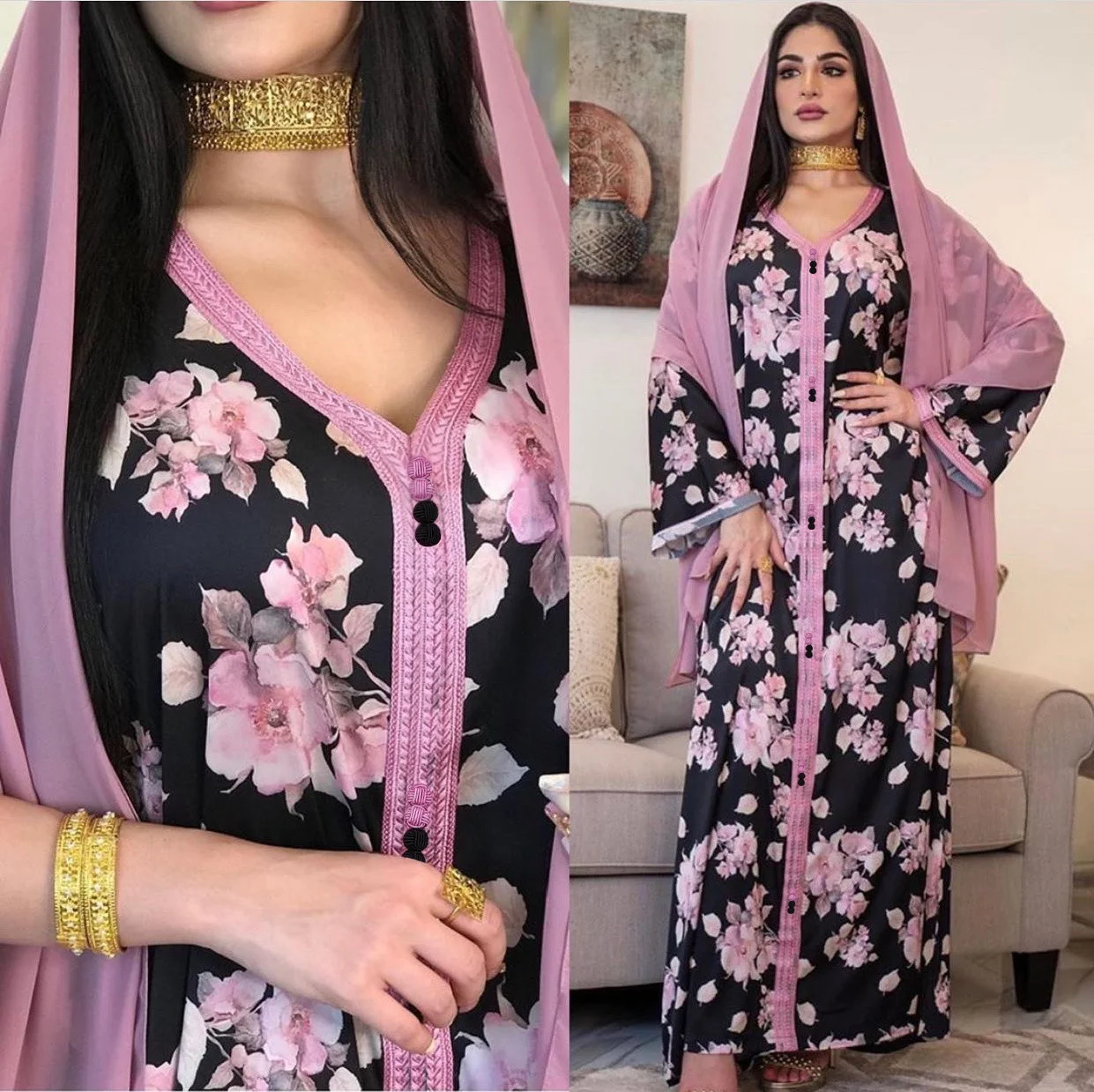 

Ramadan India Muslim Dress Women Eid Floral Print Abaya Dubai Arabic Vestidos Moroccon Kaftan Islamic Clothing Gown Robe 2021