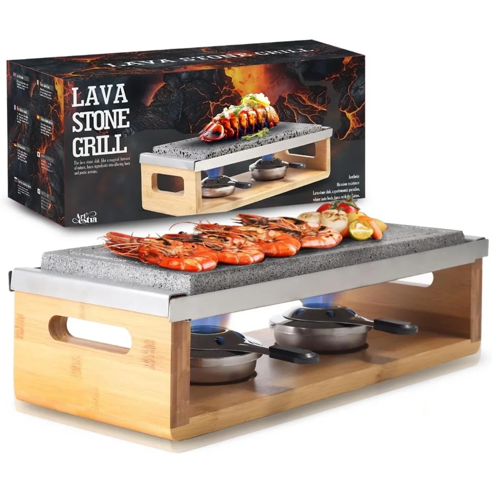 Smokeless BBQ Grill com suporte de bambu, Bife, Lava, Stone Table, Outdoor