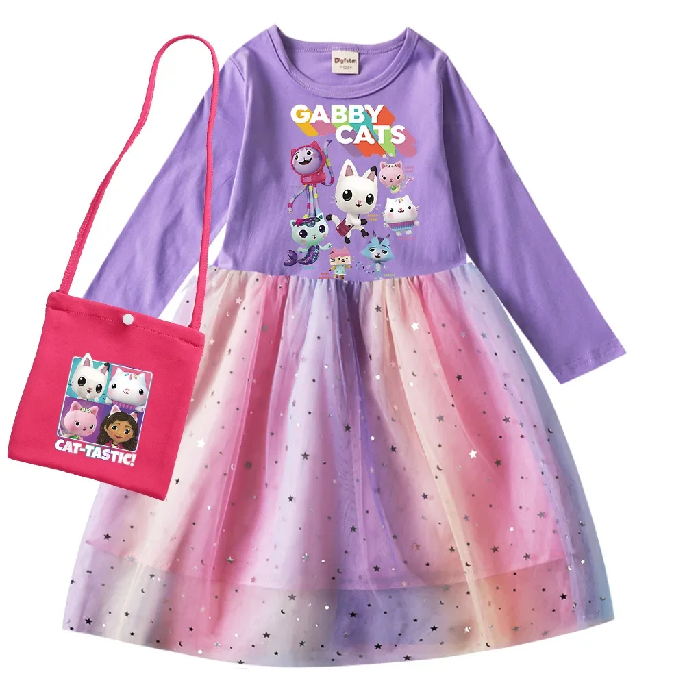 

New Gabbys Doolhouse Dress Kids Long Sleeve Casual Dresses and Small Bag Baby Girls Wedding Party Sequin Birthday Gifts Vestidos