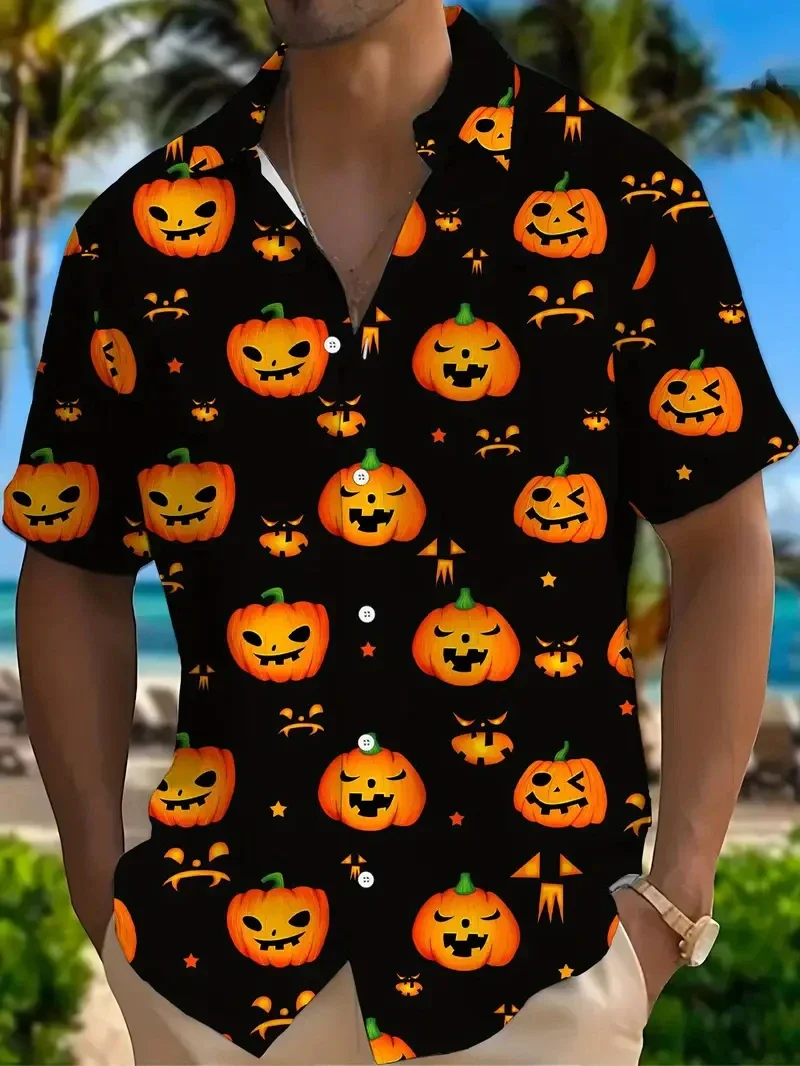 News Hawaiian Horror Skull Ice Cream Men's Shirt Floral 3D Print Lapel Single Button Halloween Beach Tops Unisex Gifts