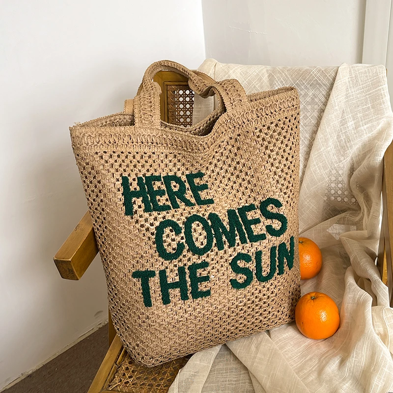 

Большая вместительная соломенная тканая сумка на плечо с украшением в виде букв, однотонная повседневная сумка-тоут на молнии, лидер продаж, сумки для женщин Bolsas Femininas