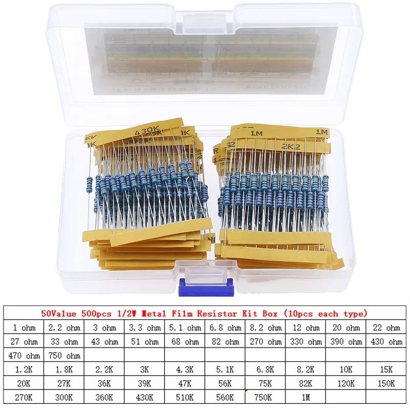 Kit surtido de resistencias de película de Metal, componentes electrónicos de bricolaje, 1/6W, 1/4W, 1/2W, 3W, 0Ω ~ 10MΩ, 1%