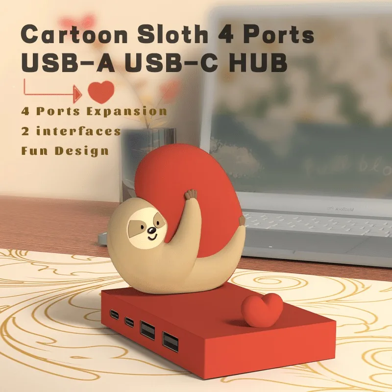 USB-C-Verlängerungsadapter, Cartoon-Faultier, 4-Port-Hub mit 2 x USB + 2 x Typ-C-Adapter, Cartoon-Telefonhalter für Laptop-Handys