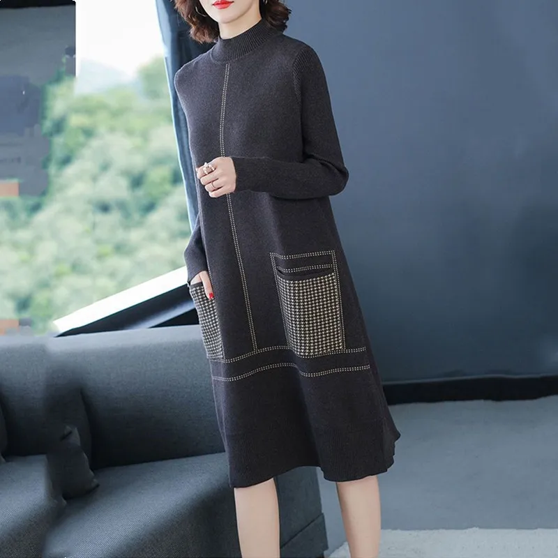 Oversize Women Knitting Dresses For Autumn Winter 2024 New Vintage  Loose Half High Pullover Patchwork Big Pockets Female Dress