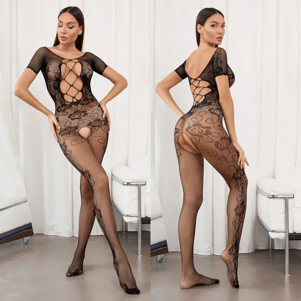 

Plus Size Bodystockings Women Sexy Open Crotch Catsuit Bodysuit Mesh Fishnet Tights Erotic Lingerie Sleepwear Jumpsuit