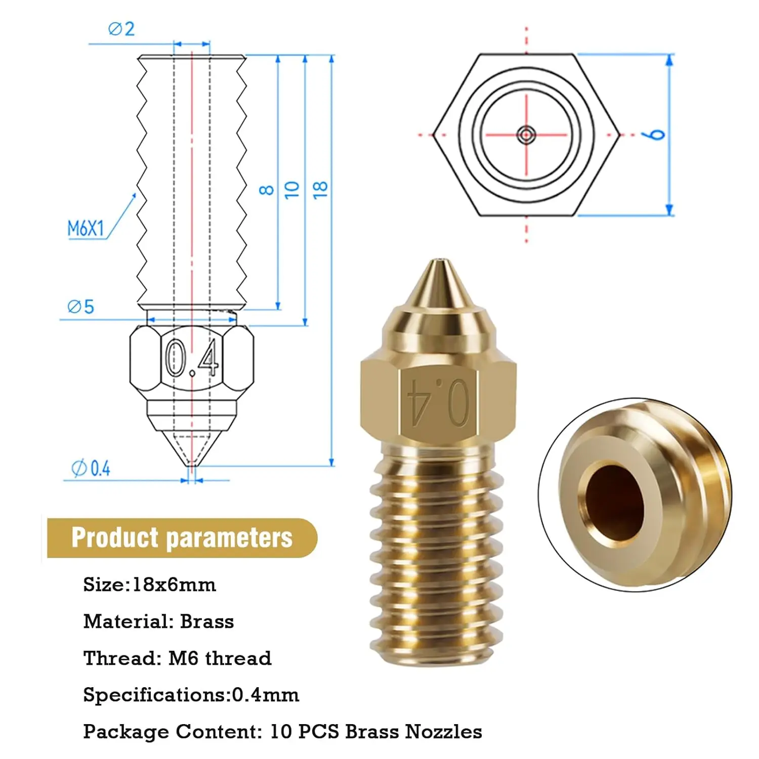 5/10PCS 3D Printer 0.4mm High Speed Brass Nozzles Kit for Elegoo Neptune 4, Neptune 4 Pro Hot End Nozzle Replacement Part