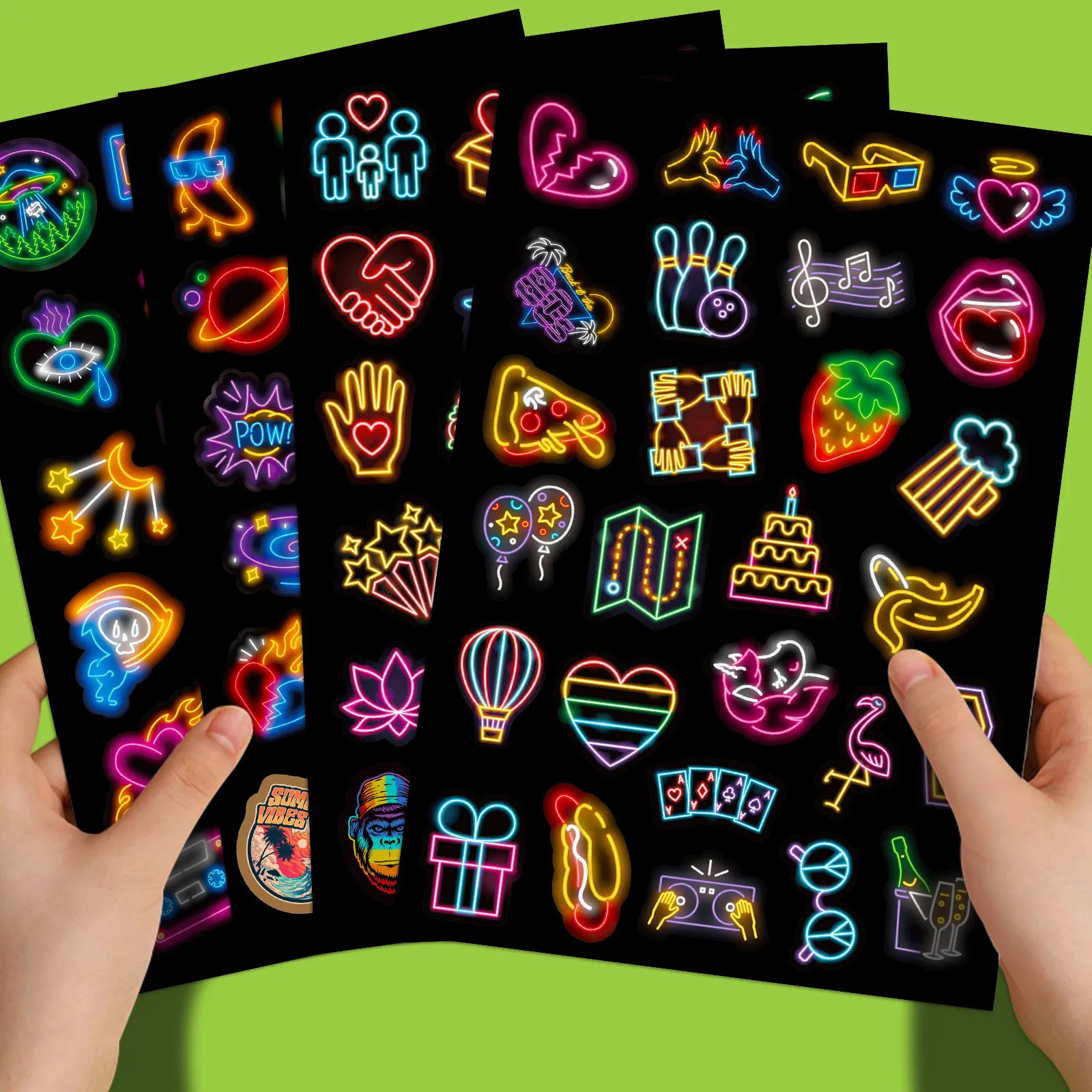 100 flat mixed neon stickers, personalized and creative, colorful neon graffiti stickers DIY 4 sheets/pack