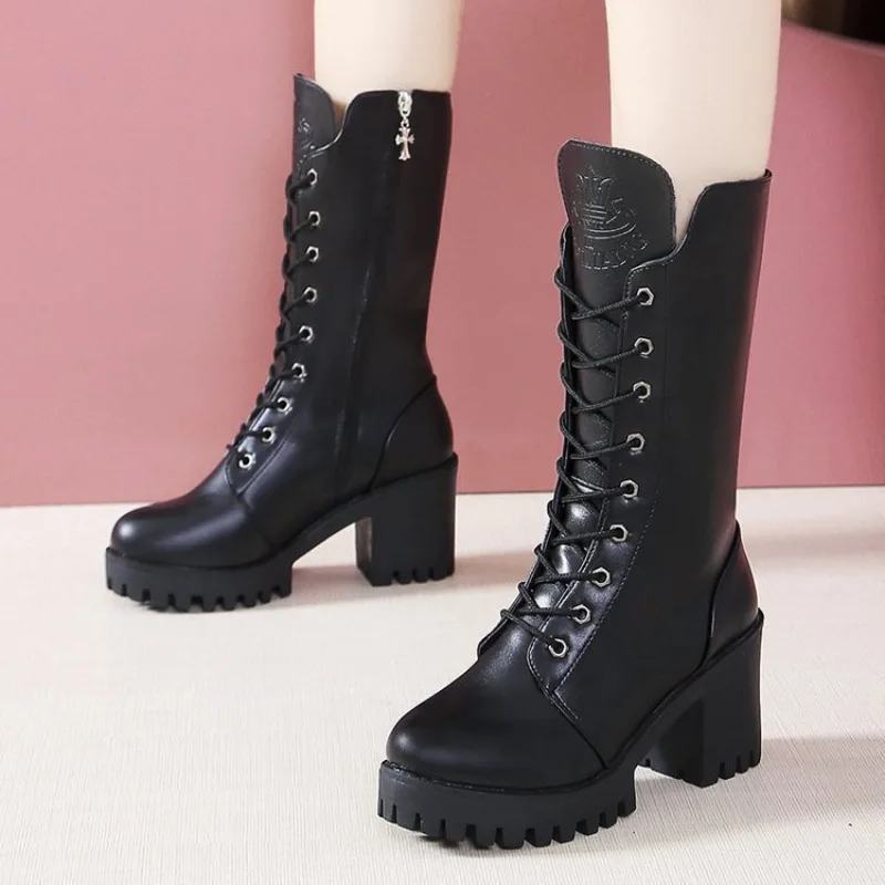 European and American High-heeled Mid Length Boots 2024 Autumn New Style Simple Square Heel Anti Slip Temperament Women's Boots - Image 2
