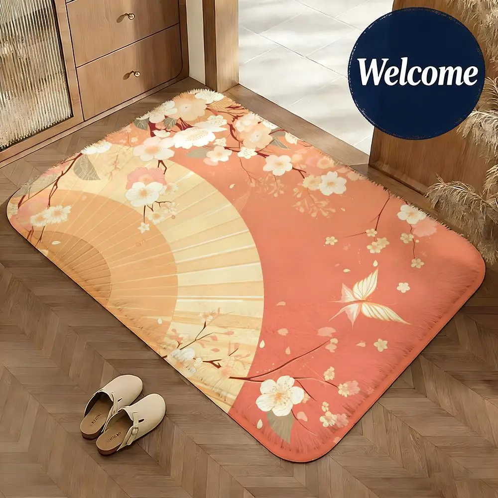 Soft Flannel Floor Mat Art Folding Fan Floor Mat Non-Slip Absorbent Doormat Bathroom Bedroom Home Decor Rug