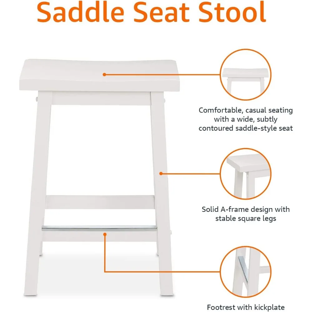 Solid Wood Saddle-Seat Kitchen Counter-Height Stool, 24-Inch Height, White - Set of 2