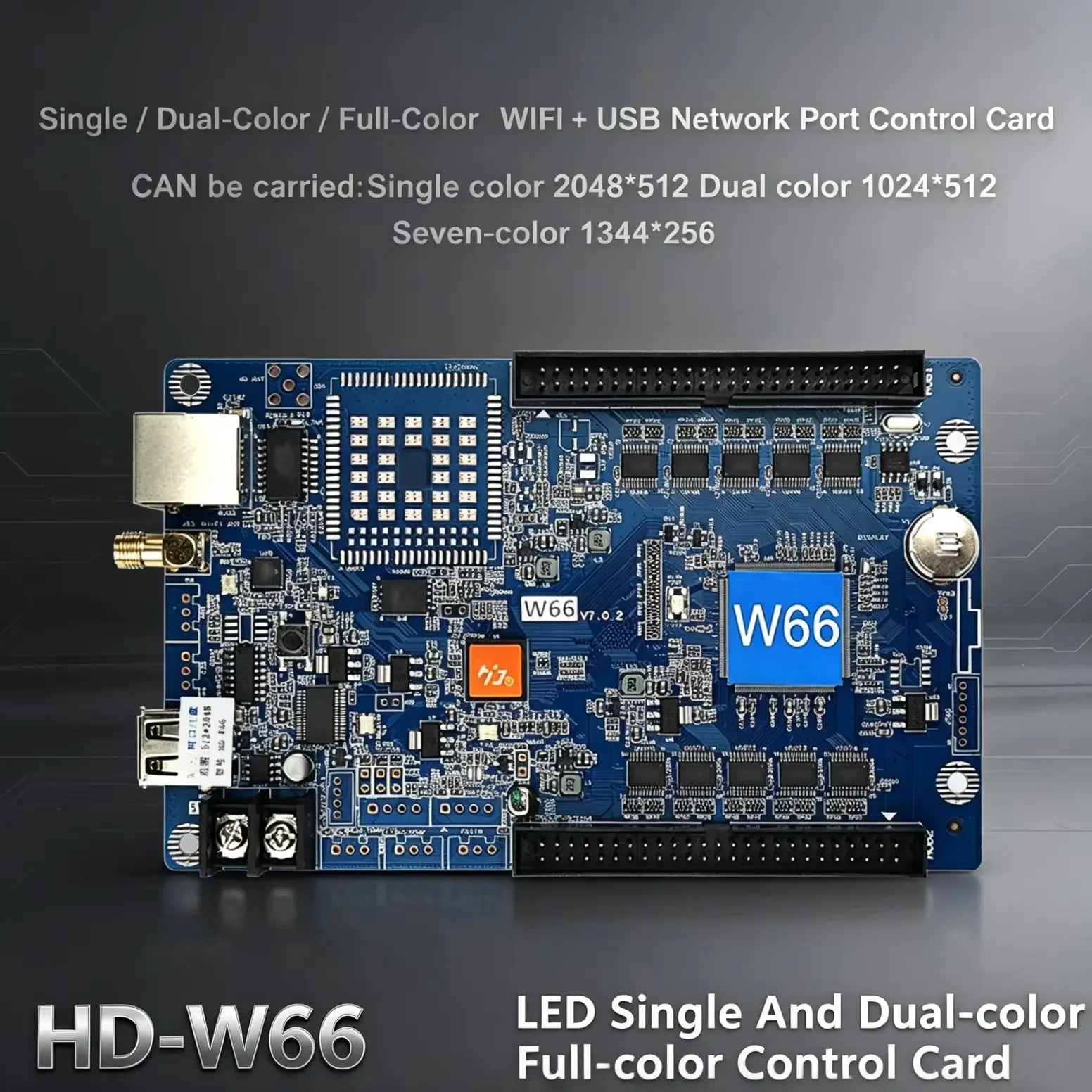 HDW66 LED control card 2048x512 pixels max 8192x512 2x50PIN WiFi USB LAN temp humidity brightness PM25 sensors