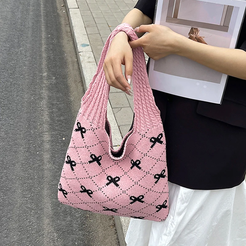 Women Crochet Tote Bag Large Capacity Bow Pattern Knitted Shopping Bag Designer Beach Bag Shoulder Bag for Traveling Handbag