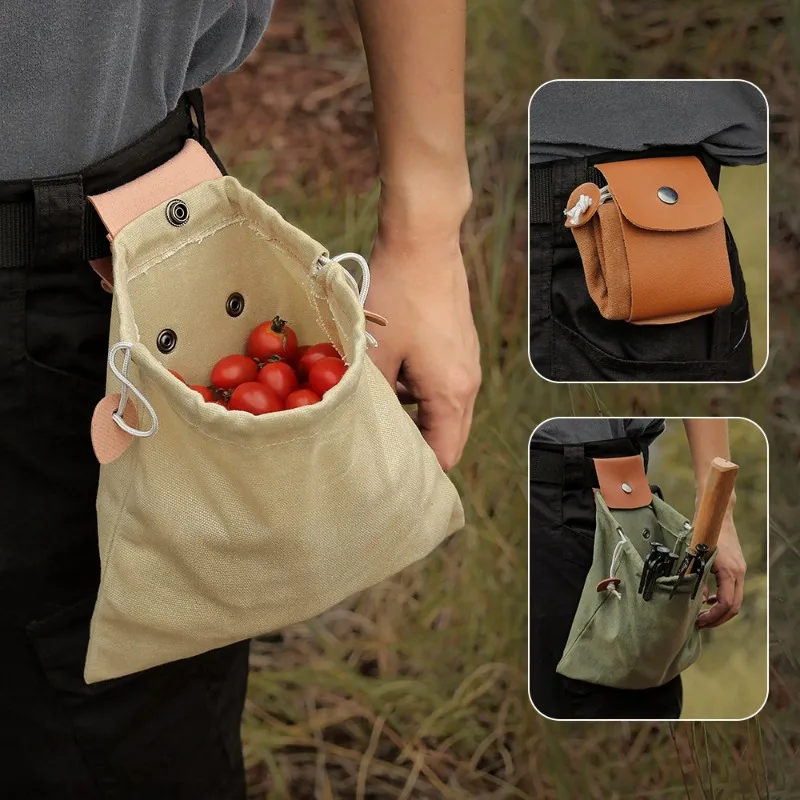 

Camping outdoor foraging bag canvas bag wild fruit storage bag cowhide waist hanging jungle tools picking bag collection bag