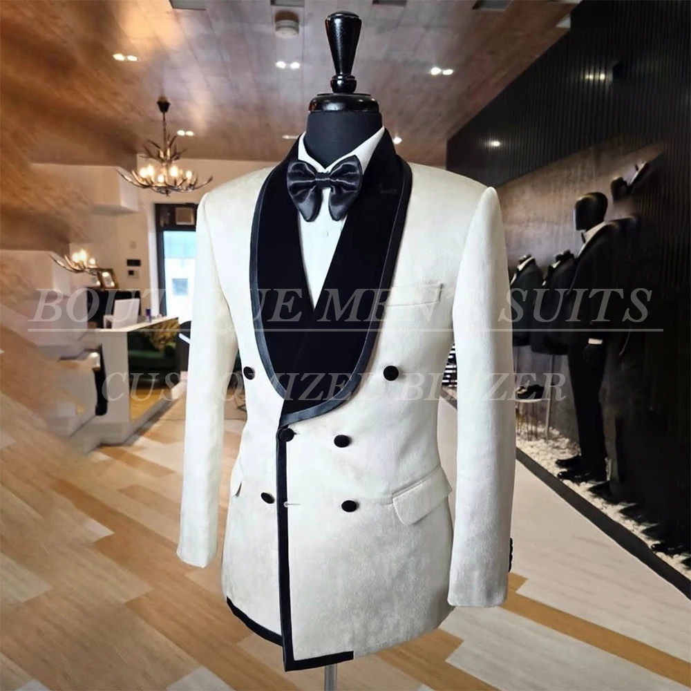 

White Men's Suits Balzer With Trousers Customized Velvet Shawl Lapel Double Breasted 2 Piece Jacket Pants for Wedding Clothing