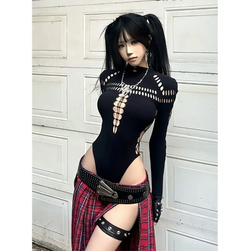 Kimotimo 2026 Summer New American Streetwear Ripped Hollow-out T-Shirt Women Rock Sub Hot Girl Punk Dark Slim Fit Bodysuit DJ