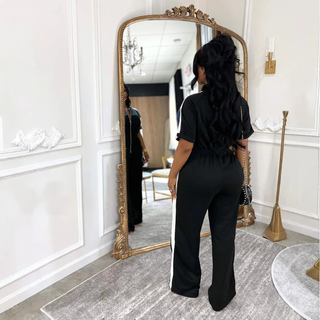 2025 Autumn New Women's Denim Color Matching Stand Collar Short Sleeve Long Zipper Jumpsuit Trousers