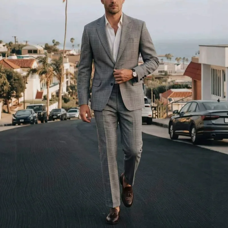 

KIDWHXR Man Suit Set Slim Turn Down Collar Blazer Men Straight-leg Pant Male British Style Plaid Business Casual 2-piece Outfit