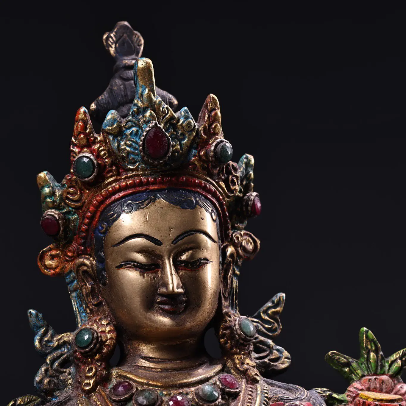 Old Copper Gem Inlaid Painted Gold Highlight Tibetan Green Tara Statue Fine Craftsmanship