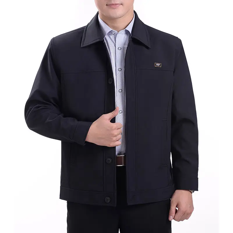 Fashionable Middle-aged Men's Jacket with Turn-down Collar and Pockets Loose Solid Color Casual Bussiness Male Outwear Tops Q697