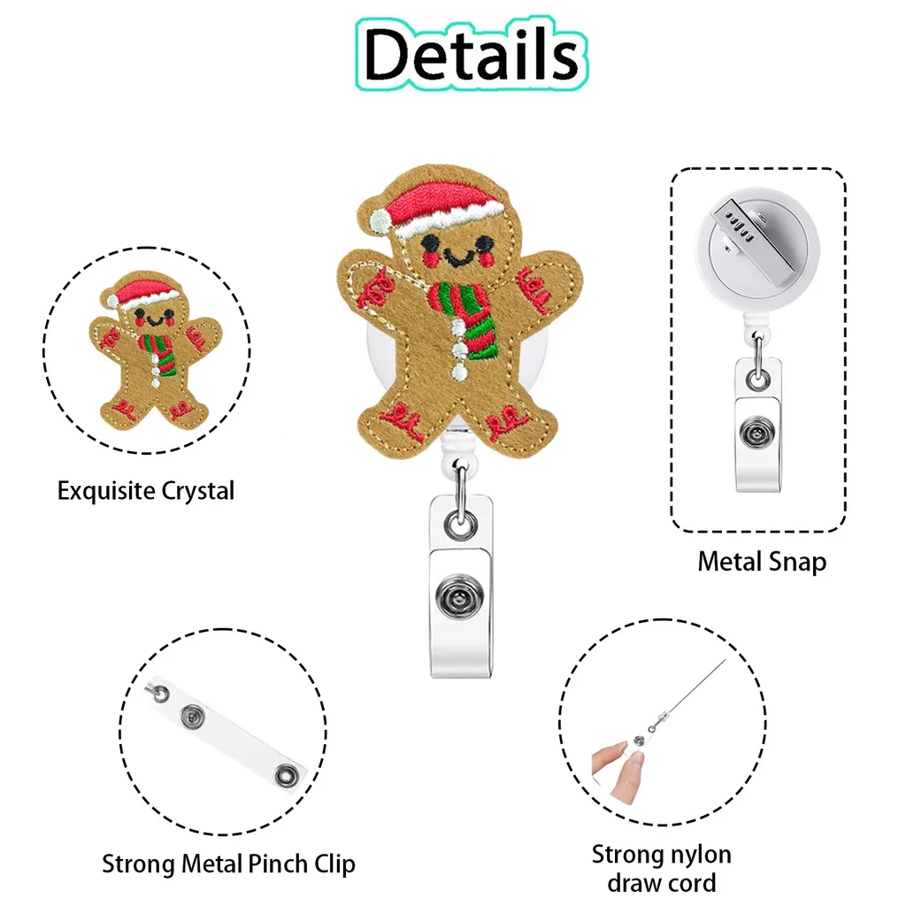 Christmas Felt Embroidered Retractable Badge Reel, Cute Holiday Id Badge Holder Clip For Medical Staff Metal Clip For Nurse Work