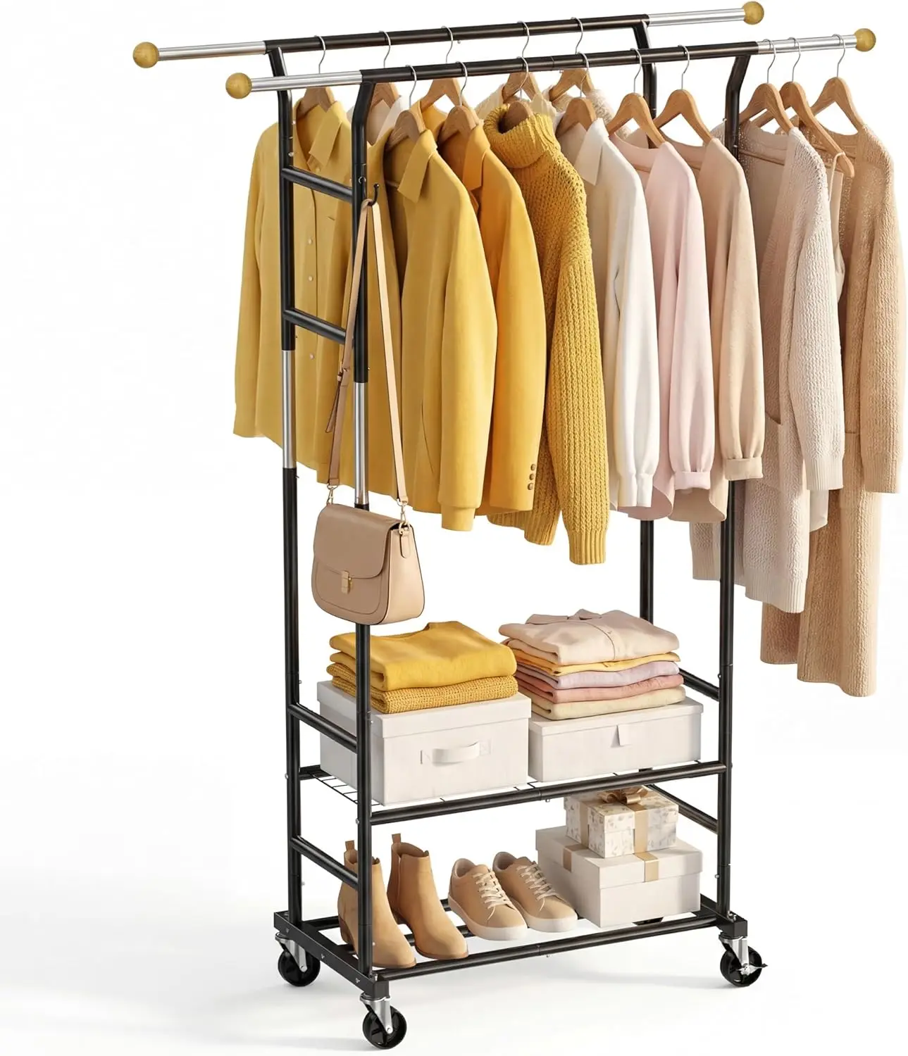 

Регулируемая 3-уровневая вешалка для одежды с двойной перекладиной и деревянными наконечниками, металлические полки для хранения для спальни или прачечной