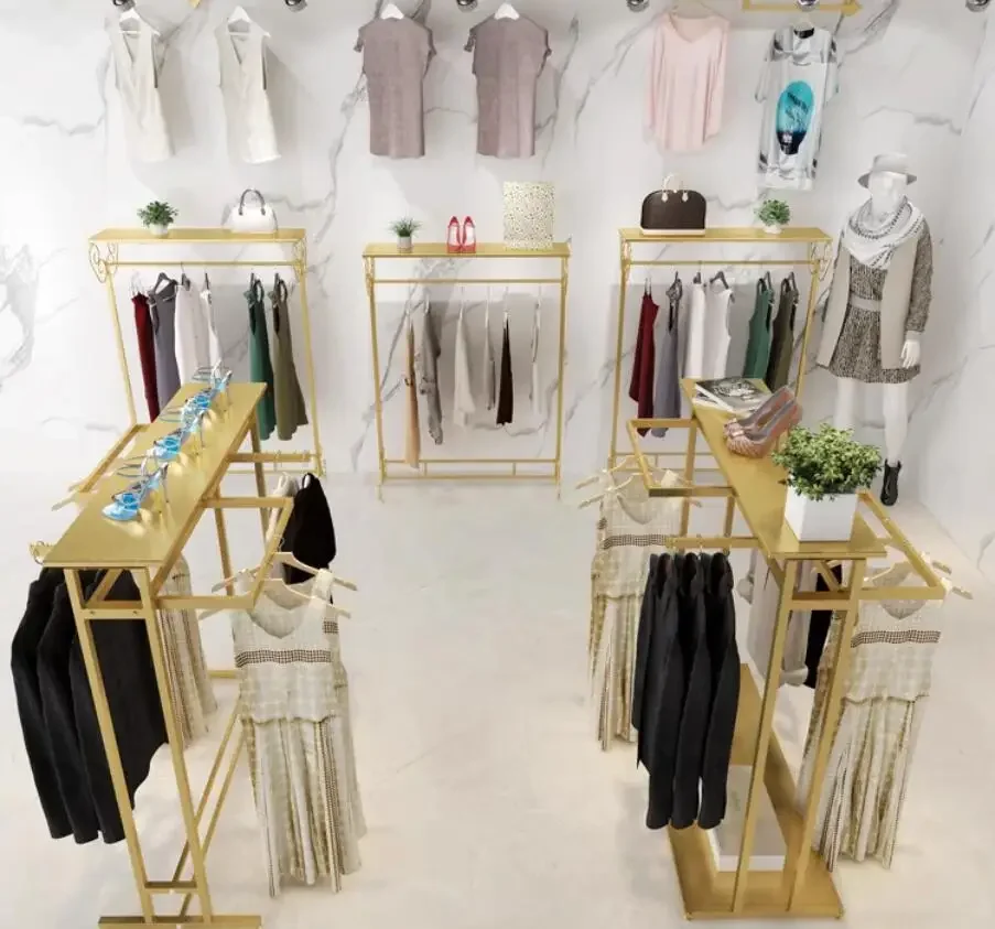 Clothing display clothes hanging pole women's double row shelves