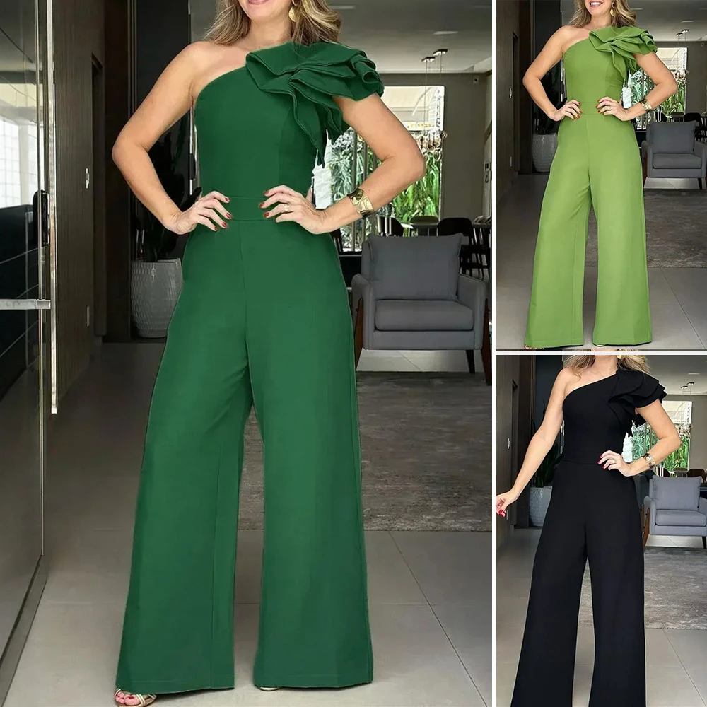 بدلة عمل Mia Muse Boutique Mature Vibe سادة بدون أكمام بكتف واحد وطول كامل وواسعة الساق بدلة قفز نسائية لصيف 2025