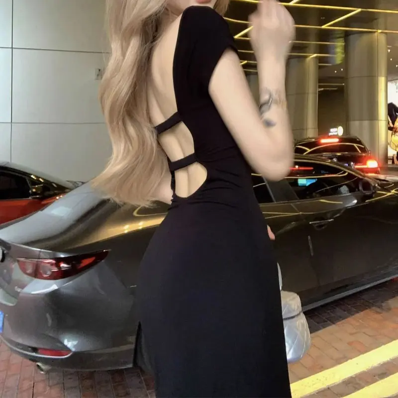 

Fashionable Backless French Style Dresses Summer Short Sleeve Female Clothing Solid Color Elegant Split Slim Bag Hip Long Dress