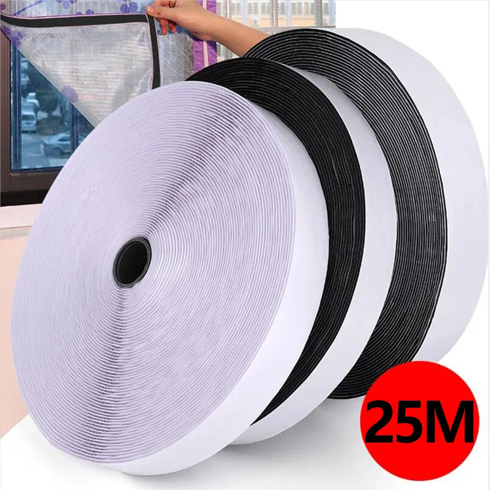 25Meter Strong Self-adhesive Fastener Tape Hook and Loop Black White Nylon Sticker Tape adhesive with Strong Glue 20/25/30/50MM