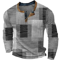 Men's Cotton T Shirt Graphic Color Block Print Henley Shirt Oversized Apparel Outdoor Casual Long Sleeve Men Button Up Clothing