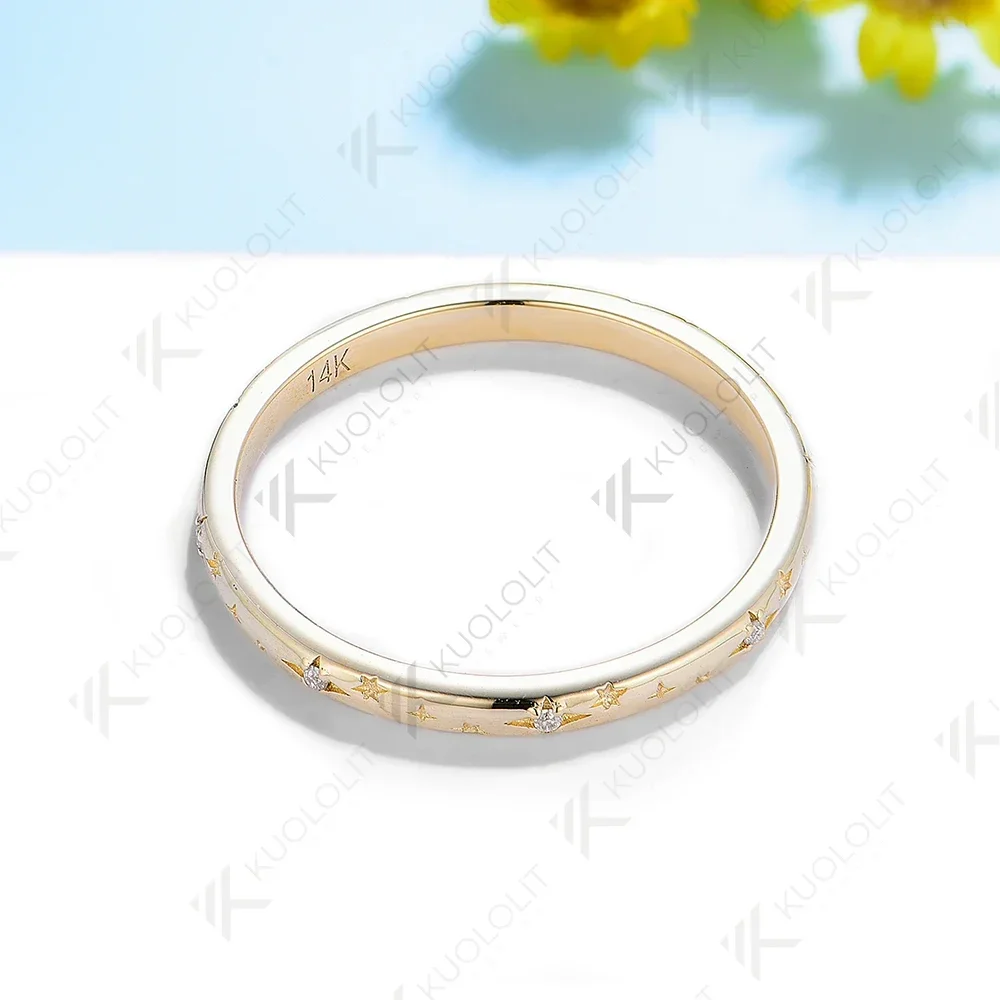 Kuololit Moissanite Band Rings for Women Men Solid 18K 14K 10K 925 Silver Yellow Gold Star Carving for Anniversary Engagement