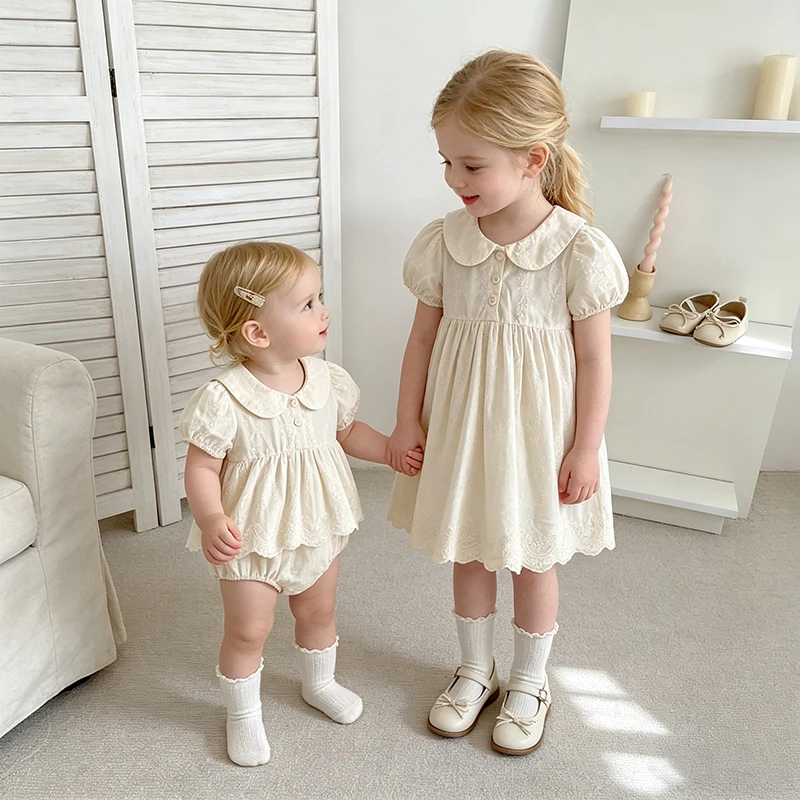 2026 New Summer Girls Dress 2-6Yrs Baby Clothes Embroidered Princess Dress Sisters Dress 0-24M Infant Baby Girl Cotton Romper