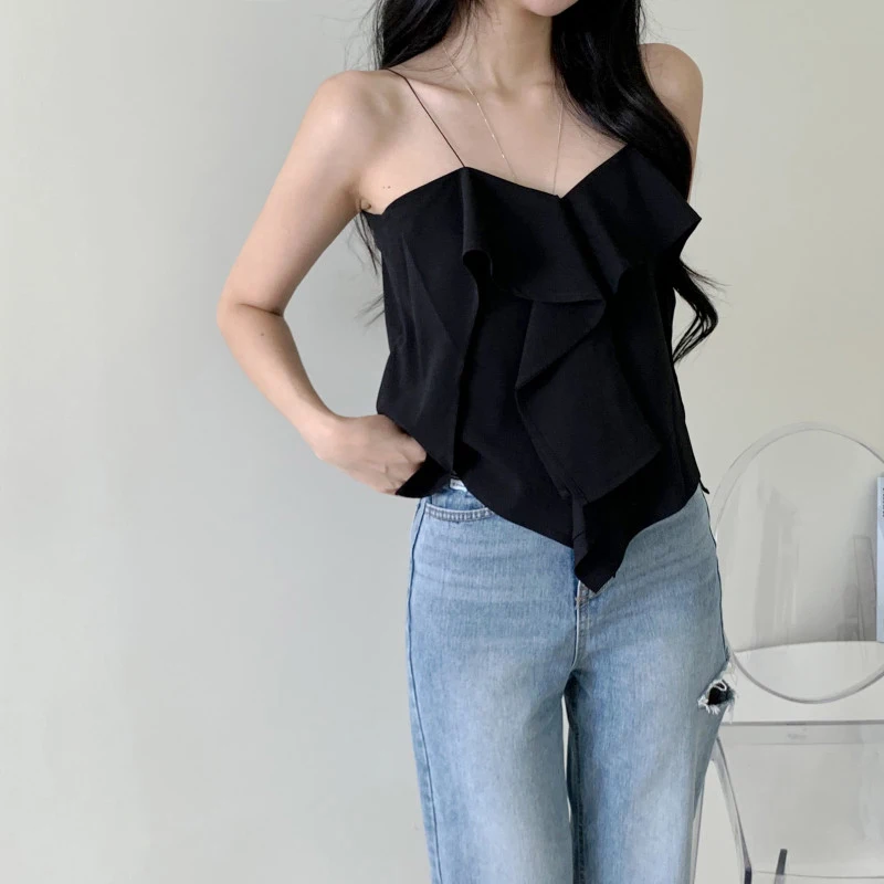 Coreano Sle Chic verano Sexy puro deseo diseño asimétrico dulce encaje ribete V-Ne Correa Top mujer viaje viento