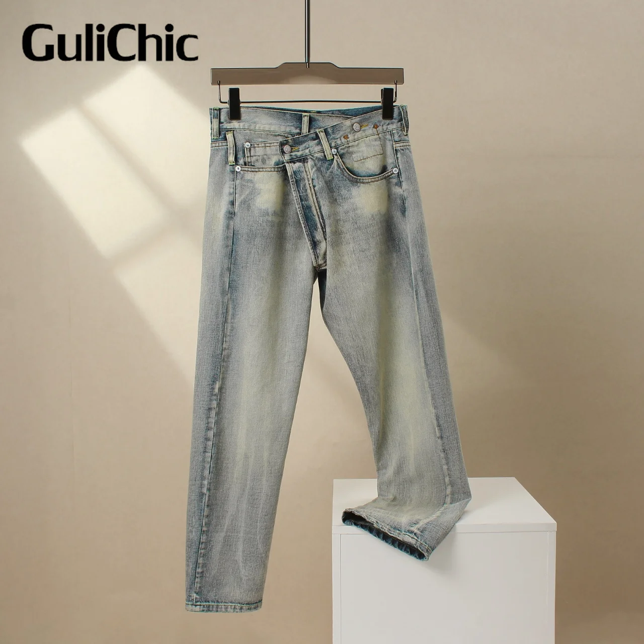 8.2 GuliChic Women\'s 2024 Summer New Irregular Waist Jeans pure cotton Washed Distressed Denim Pants