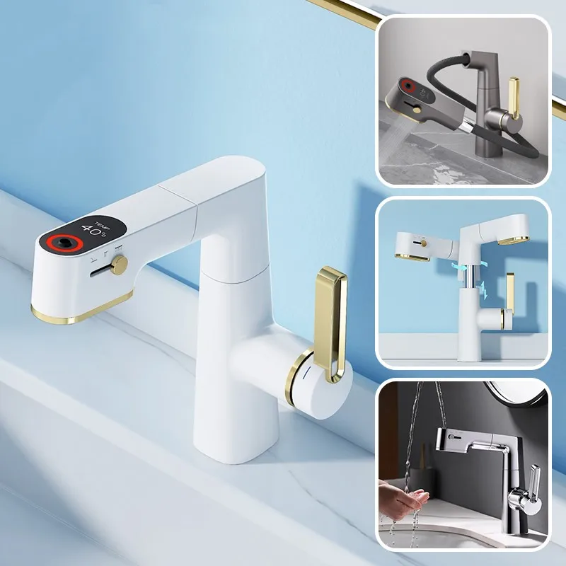 

Brass White Digital Display Pull-Out Basin Faucet Rotation Height Adjustable Rotating Telescopic Beauty Cold and Hot Water Tap