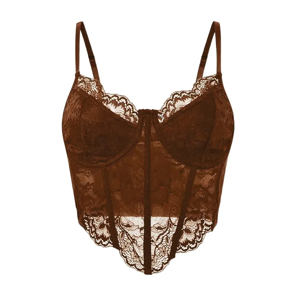 

Spicy Girl Style Hollow Lace Camisole Sleeveless Slim Fit Crop Tops Sweet Tanks Lace Corset Spring Summer