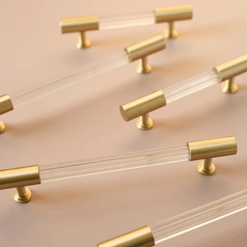 Transparent Acrylic Cupboard Handles and Knobs Simple Dresser Drawer Pull T Bar Handle Bathroom Cabinet Handle with Brass Bases