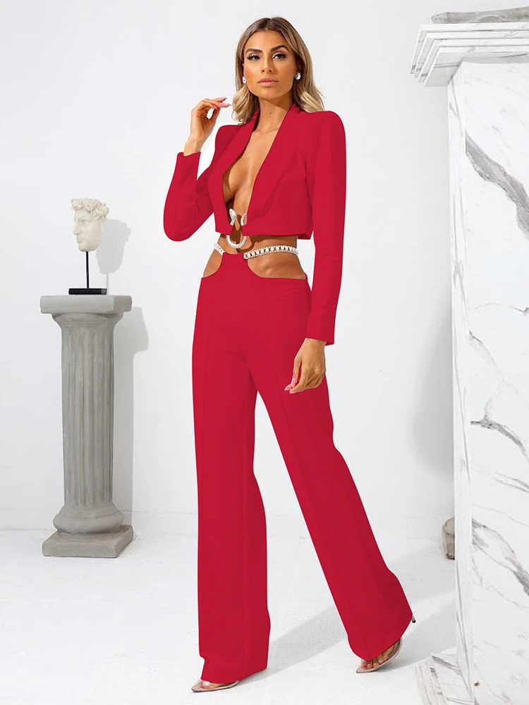 Sexy Red Chain Long Sleeve V Neck Blazer Top and Long Pants Suit Celebrity Party Night Club 2 Two Piece Sets High Quality